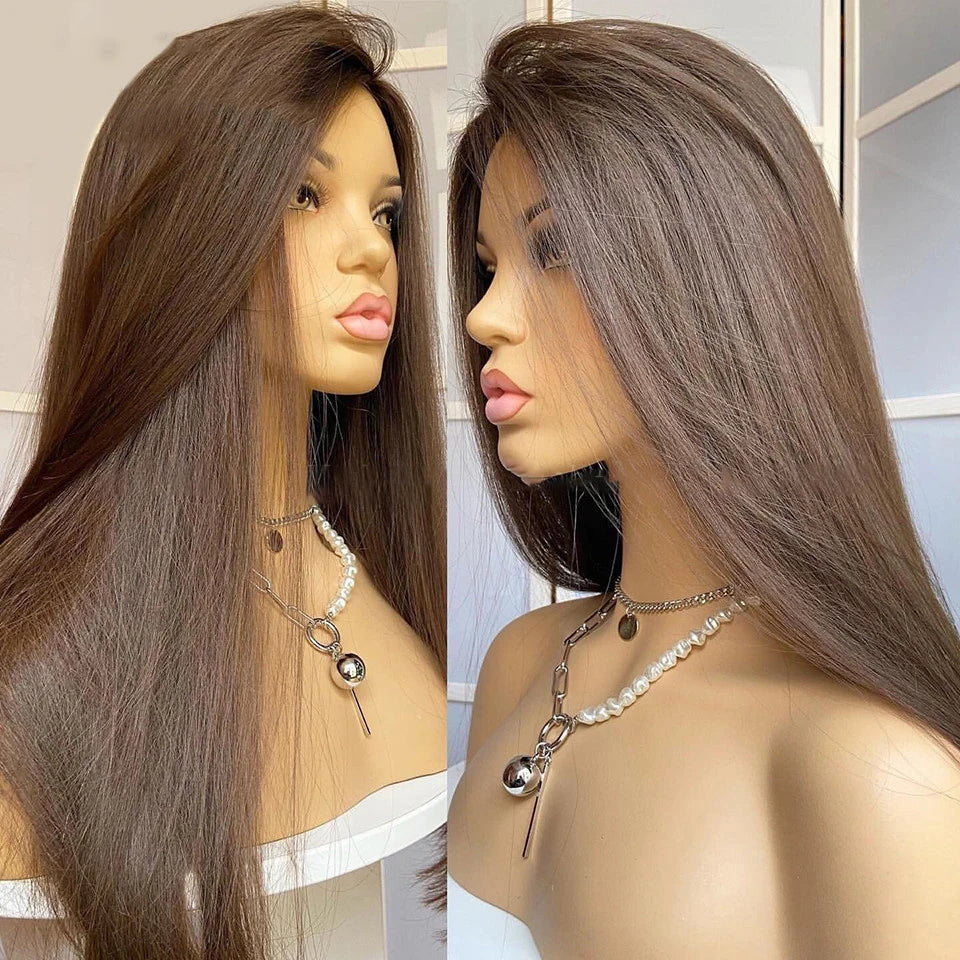 Soft Glueless Brown and Natural Black Silky Straight 5x5 Silk Base Jewish Human Hair Wig With Baby Hair HD Lace European Hair Preplucked