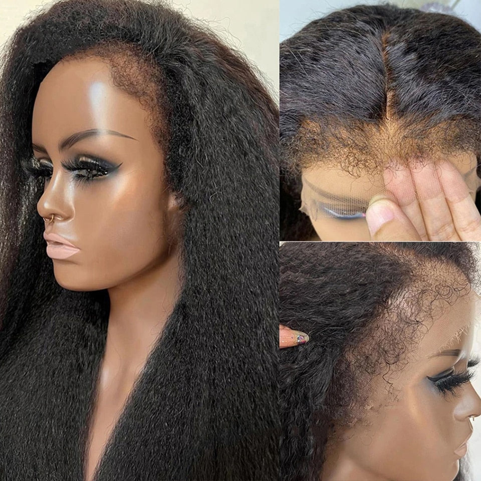 Human Hair 180% Density Fluffy Baby Hair Remy Kinky Straight 13x4 Lace Front Wig 4C Edges Hairline Curly Baby Hair Wigs