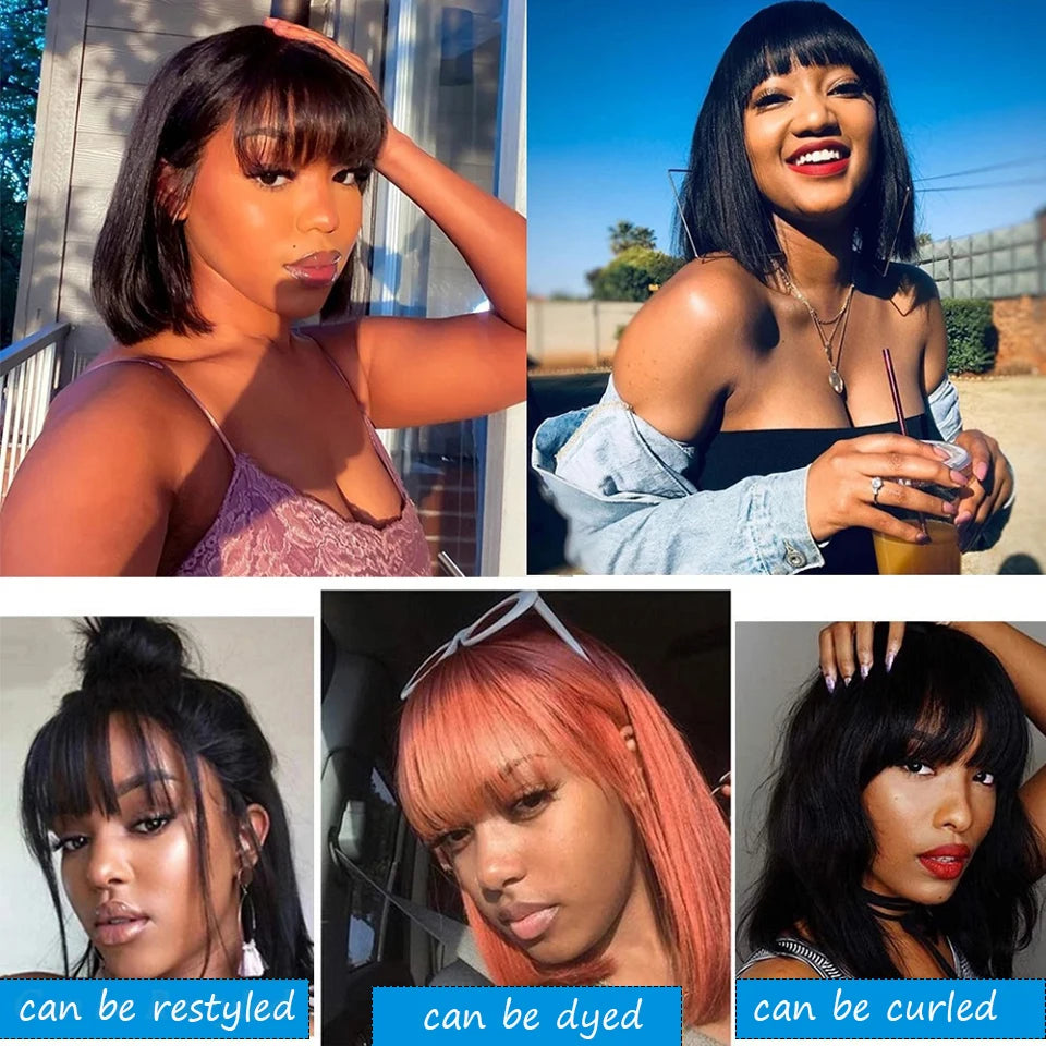 Brazilian Human Hair W/ Bangs Remy Straight Hair No lace Bob Wigs Full Machine Made Wig 8-16"