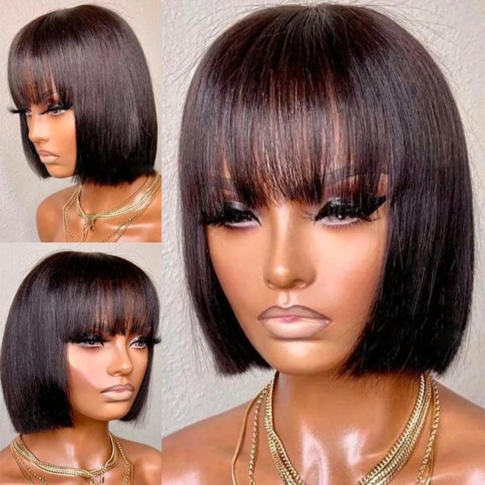 Brazilian Human Hair W/ Bangs Remy Straight Hair No lace Bob Wigs Full Machine Made Wig 8-16"