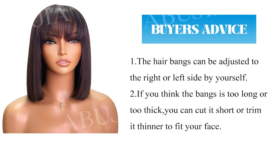 Brazilian Human Hair W/ Bangs Remy Straight Hair No lace Bob Wigs Full Machine Made Wig 8-16"