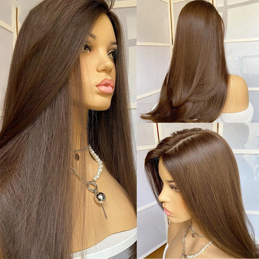 Soft Glueless Brown and Natural Black Silky Straight 5x5 Silk Base Jewish Human Hair Wig With Baby Hair HD Lace European Hair Preplucked