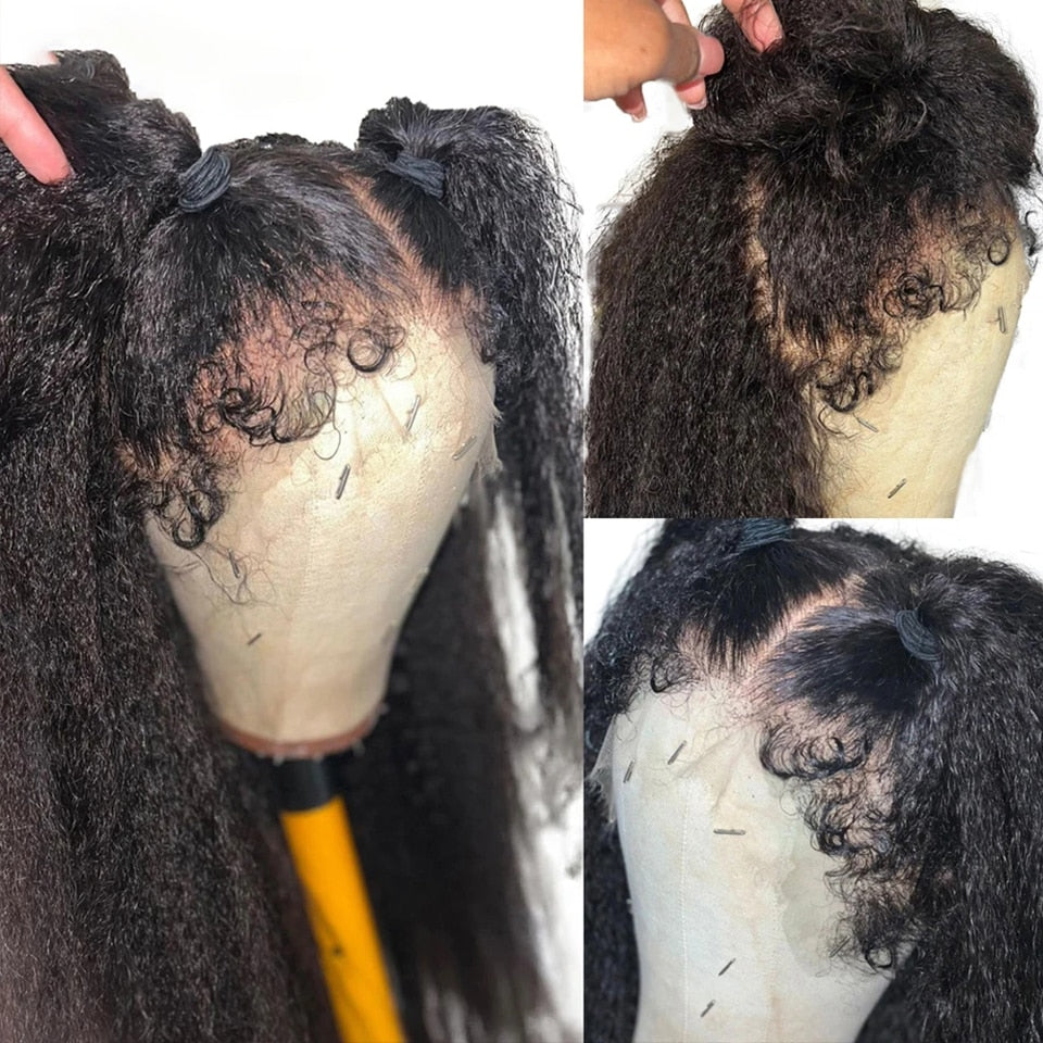 Human Hair 180% Density Fluffy Baby Hair Remy Kinky Straight 13x4 Lace Front Wig 4C Edges Hairline Curly Baby Hair Wigs