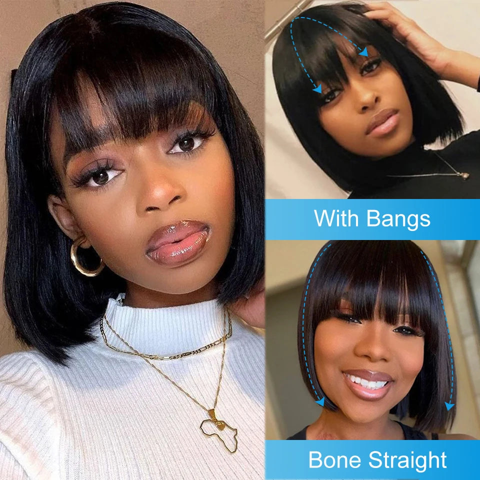 Brazilian Human Hair W/ Bangs Remy Straight Hair No lace Bob Wigs Full Machine Made Wig 8-16"