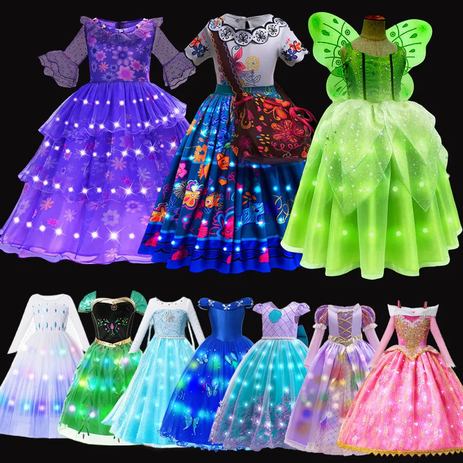 Girls LED Lights Frozen Elsa Anna Princess Ariel Dress Encanto Mirabel Halloween Luminous Prom Evening Party