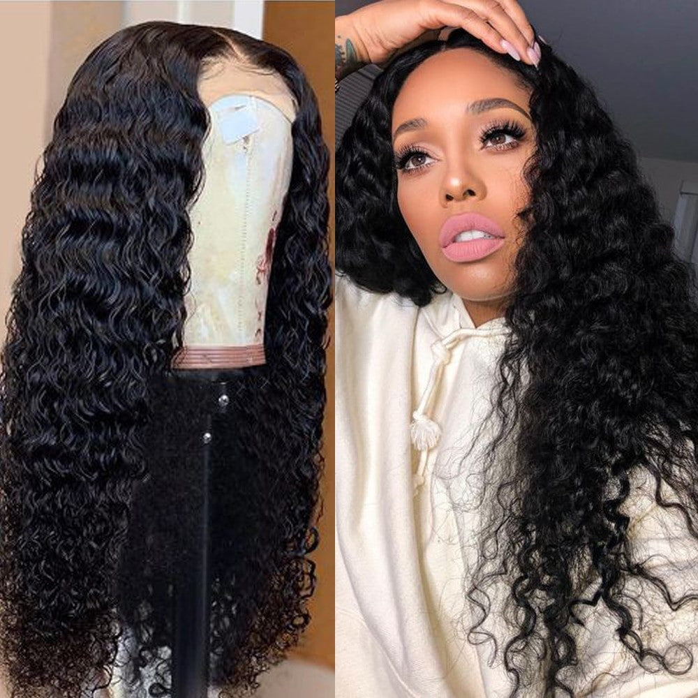 100% Human Hair Deep Wave Closure 180 Lace 4x4 Front Pre Plucked Remy Wig