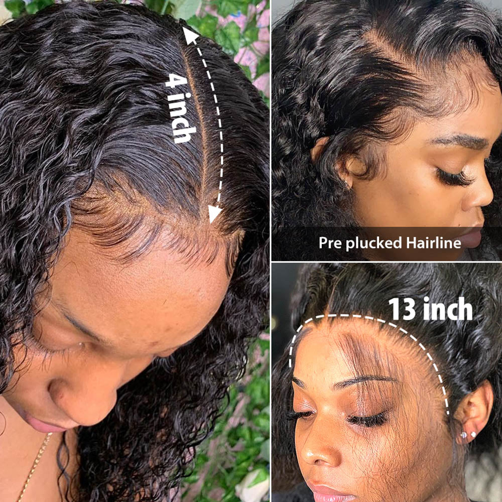 100% Human Hair Deep Wave Closure 180 Lace 4x4 Front Pre Plucked Remy Wig