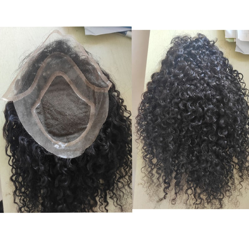 Kinky Curly Long Brazilian Human Hair Hairpiece Toupee 10x8 Mono Net w/ PU Natural Color 12 Inch