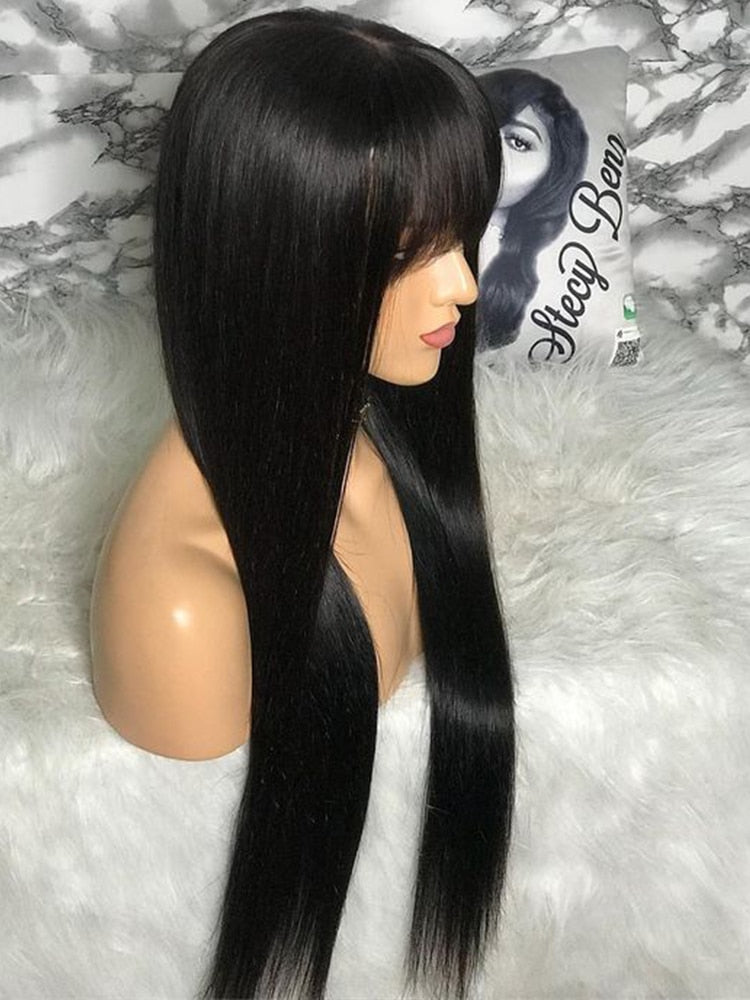 Brazilian Full Straight 100% Human Hair Wig With Bangs Fringe Color Natural Off Black 1B