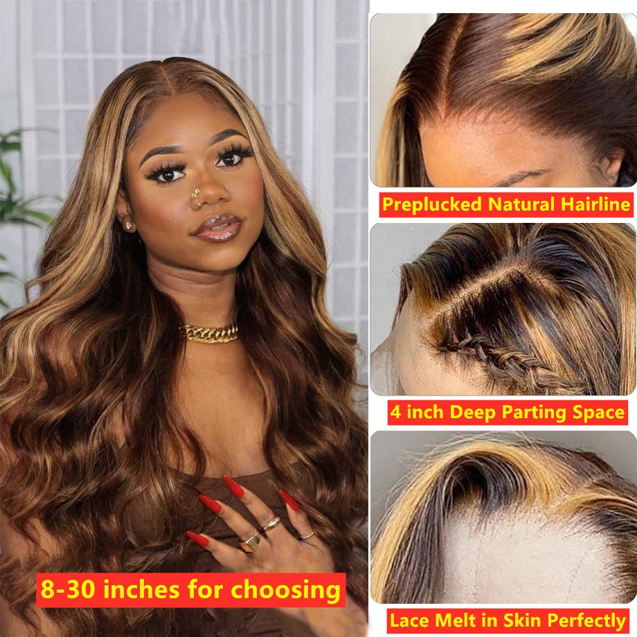 Body Wave Ombre Highlight Human Hair Wig Brazilian 10-30 Inch Full T Part For Women Honey Blonde Lace Front Wig