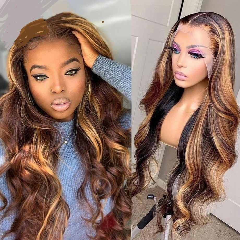 Body Wave Ombre Highlight Human Hair Wig Brazilian 10-30 Inch Full T Part For Women Honey Blonde Lace Front Wig