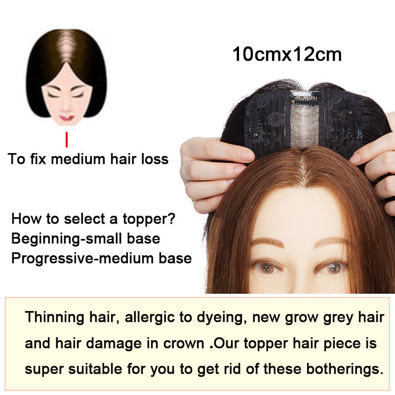 100% Human Hair Topper Toupee 10x12cm Silk Base 2.5x9cm 4 Clip In Hairpiece For Gray or Thinning Hair Loss 120% Density