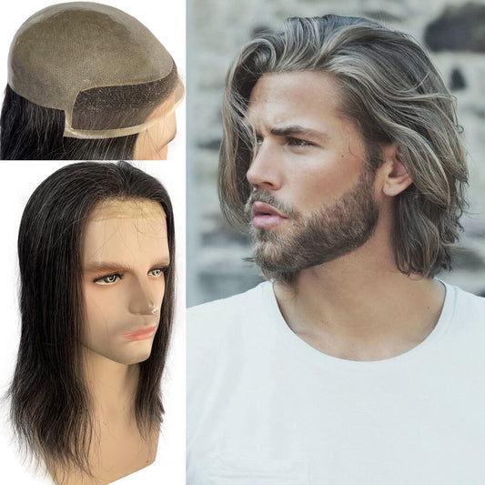 Men's Swiss Lace Front Hairpiece Thin Skin PU 10"x8" 1B Mixed 20% Grey Toupee 12'' Long Hair Replacement Systems  Synthetic Hair