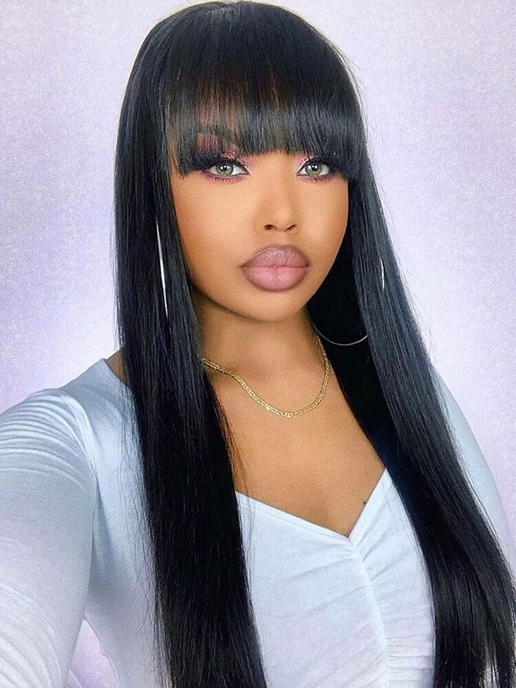 Brazilian Full Straight 100% Human Hair Wig With Bangs Fringe Color Natural Off Black 1B