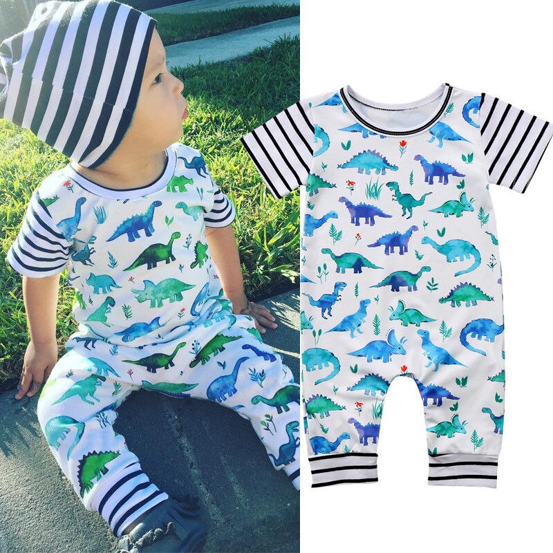 Baby Boy Kids Newborn Infant Short Sleeves Romper Jumpsuit Dinosaur Cotton Clothes