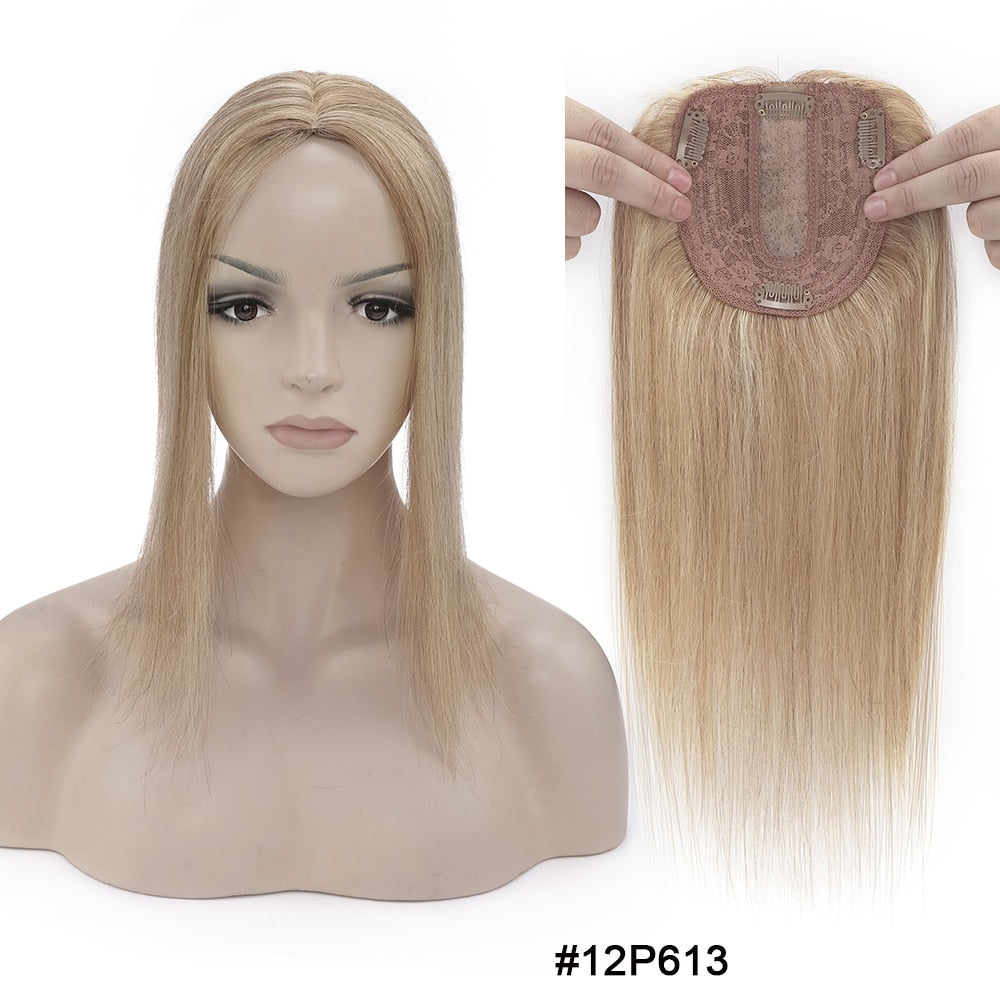 100% Human Hair Topper Toupee 10x12cm Silk Base 2.5x9cm 4 Clip In Hairpiece For Gray or Thinning Hair Loss 120% Density