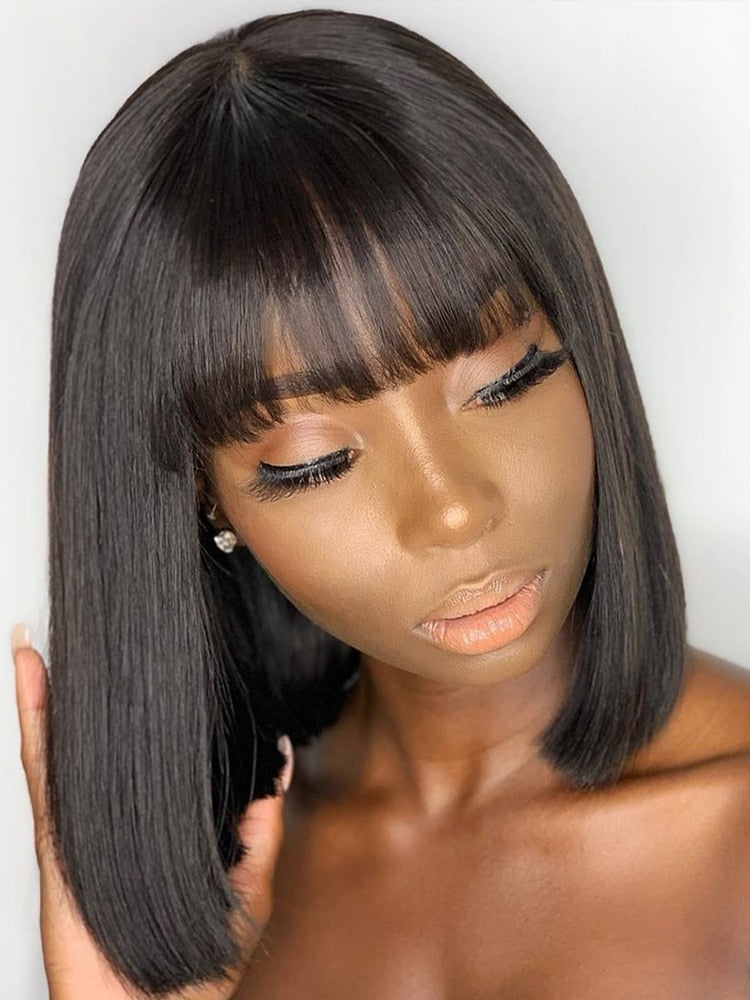 Brazilian Full Straight 100% Human Hair Wig With Bangs Fringe Color Natural Off Black 1B