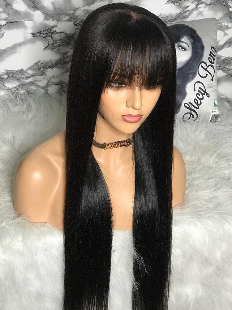 Brazilian Full Straight 100% Human Hair Wig With Bangs Fringe Color Natural Off Black 1B