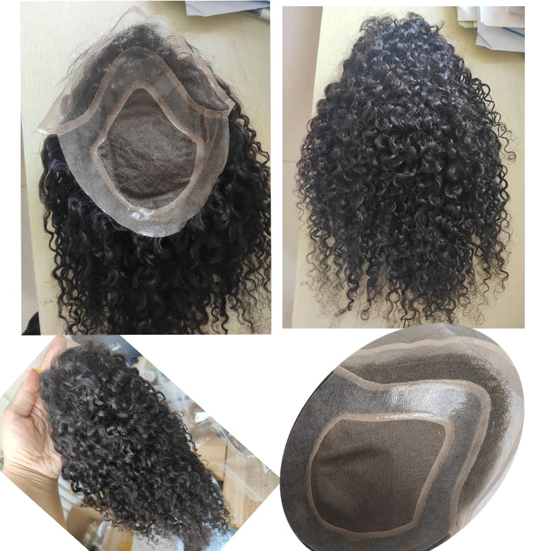 Kinky Curly Long Brazilian Human Hair Hairpiece Toupee 10x8 Mono Net w/ PU Natural Color 12 Inch