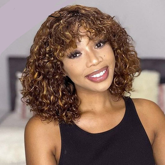 Brazilian Human Hair Non Lace Highlight Jerry Curly Short Bob Wigs With Bangs Colored  Deep Curly Wig