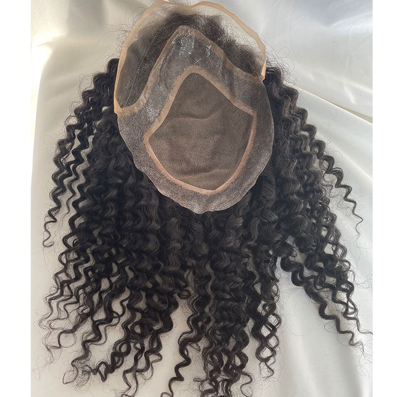 Kinky Curly Long Brazilian Human Hair Hairpiece Toupee 10x8 Mono Net w/ PU Natural Color 12 Inch