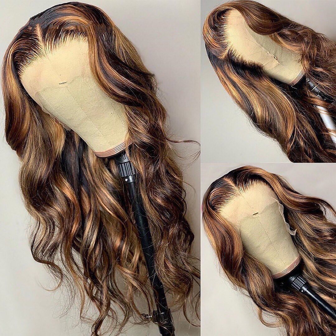 Body Wave Indian Hair Highlight Indian Remy Human Hair Hd Transparent Lace Front Wig Colored  Frontal Wig 4x4