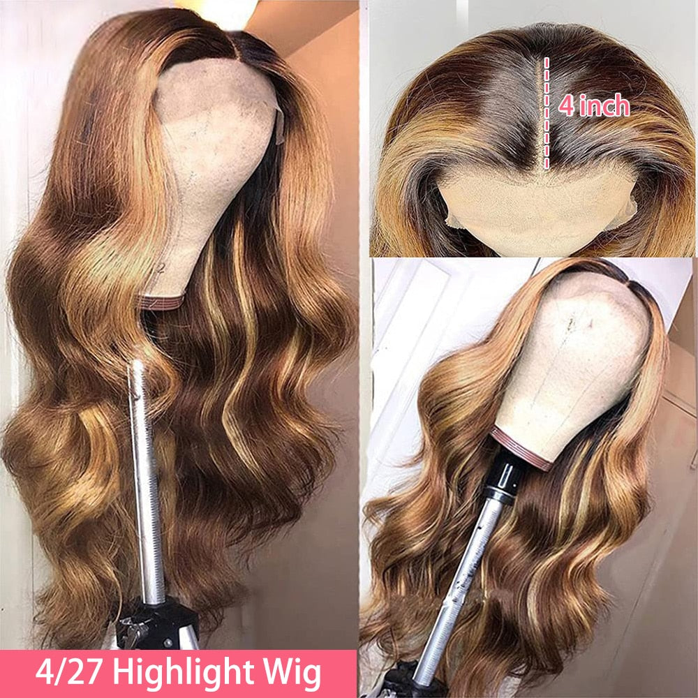 Body Wave Indian Hair Highlight Indian Remy Human Hair Hd Transparent Lace Front Wig Colored  Frontal Wig 4x4