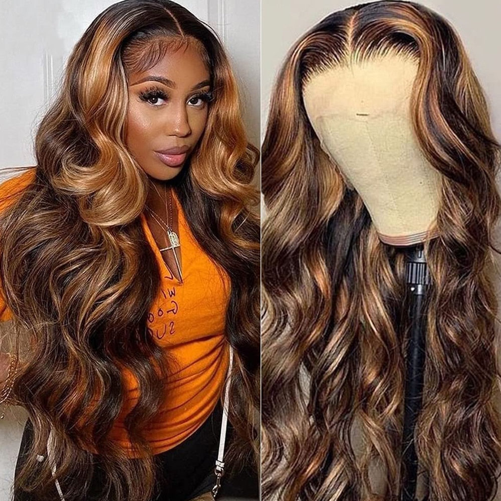 Body Wave Indian Hair Highlight Indian Remy Human Hair Hd Transparent Lace Front Wig Colored  Frontal Wig 4x4