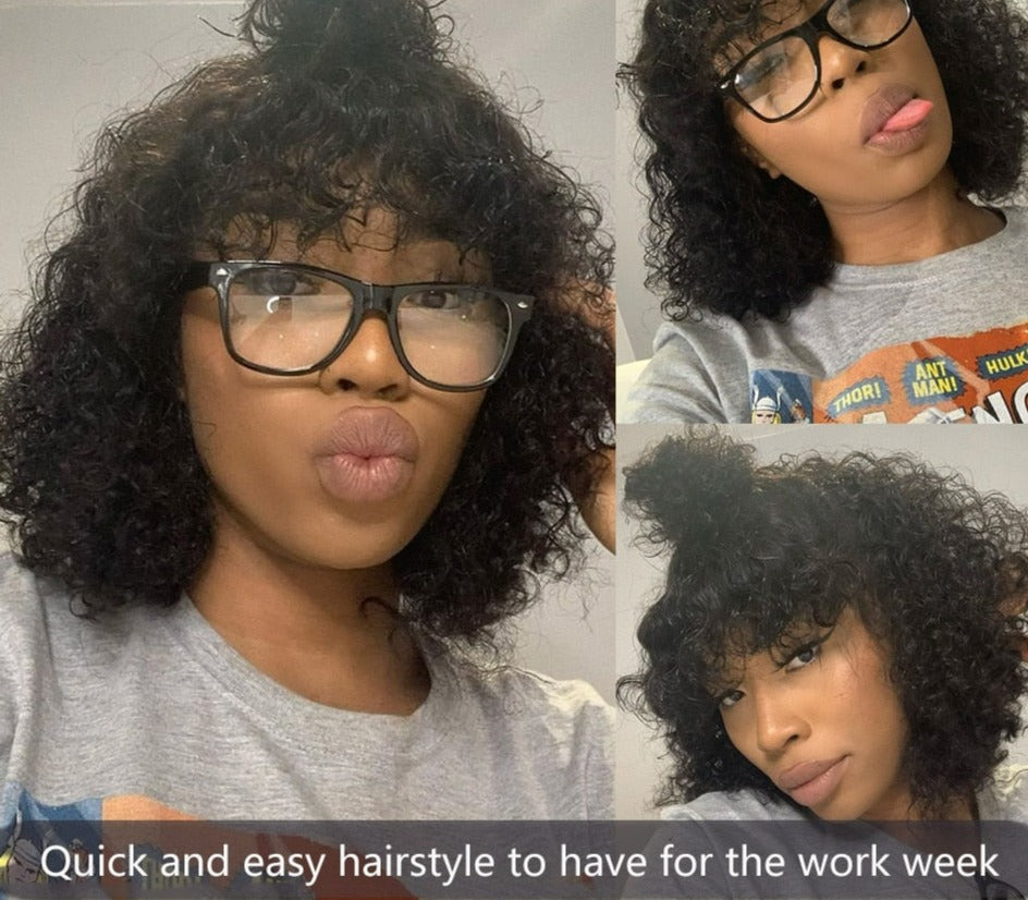 Brazilian Human Hair Non Lace Highlight Jerry Curly Short Bob Wigs With Bangs Colored  Deep Curly Wig