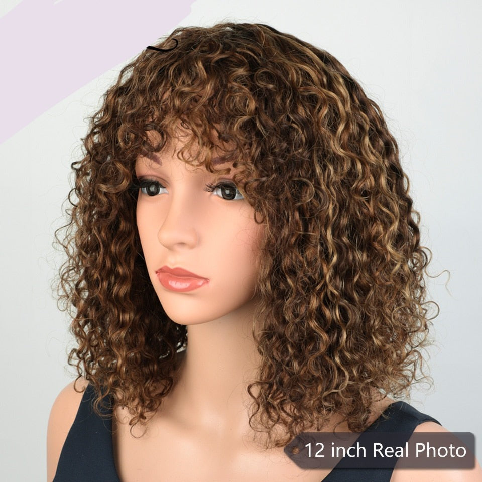 Brazilian Human Hair Non Lace Highlight Jerry Curly Short Bob Wigs With Bangs Colored  Deep Curly Wig