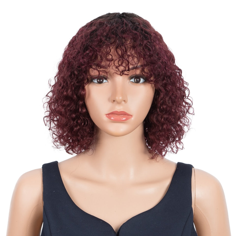 Brazilian Human Hair Non Lace Highlight Jerry Curly Short Bob Wigs With Bangs Colored  Deep Curly Wig