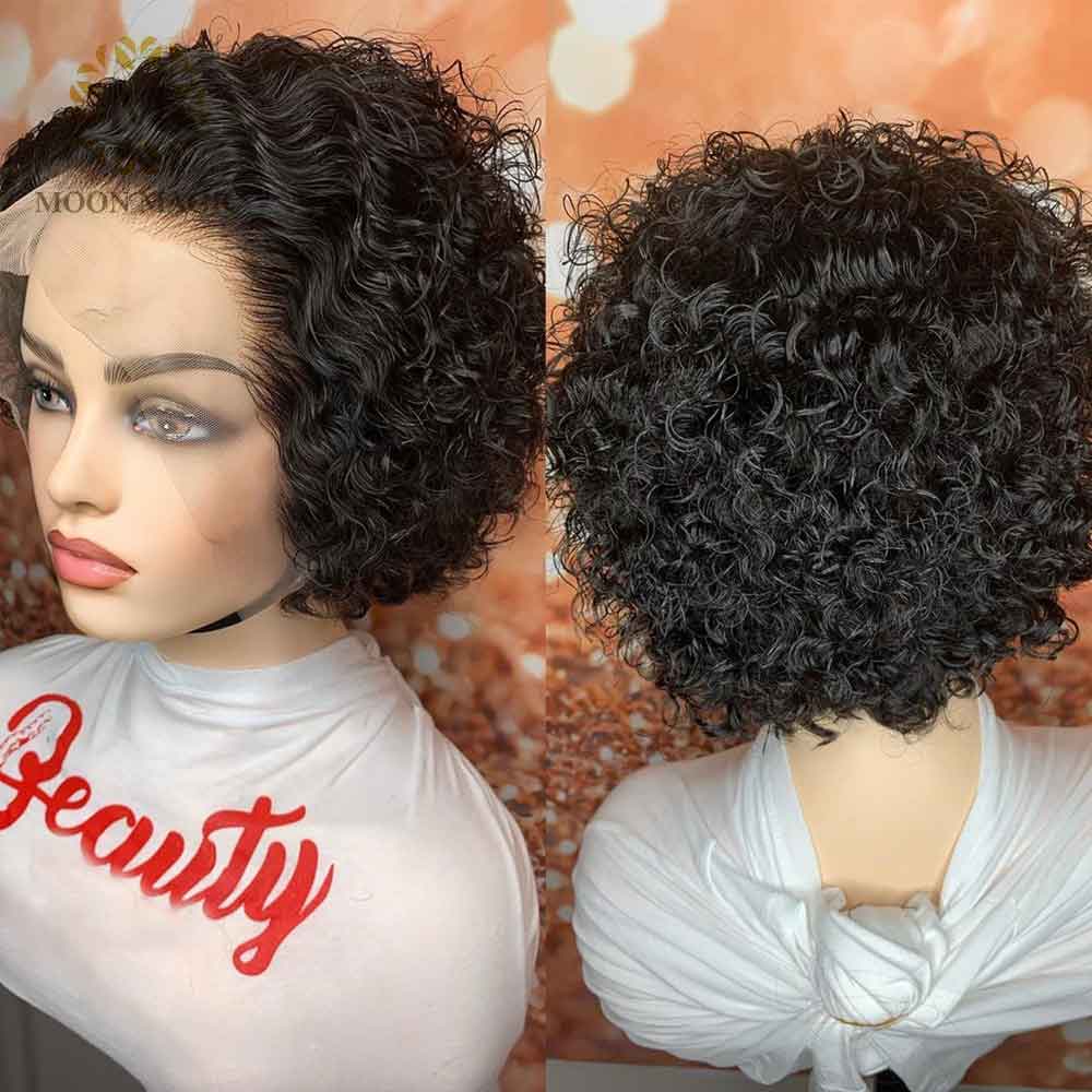 100% Human Hair Pixie Cut Short Curly Bob Lace Front 6x6 5x5 Lace Closure Wig Medium Brown