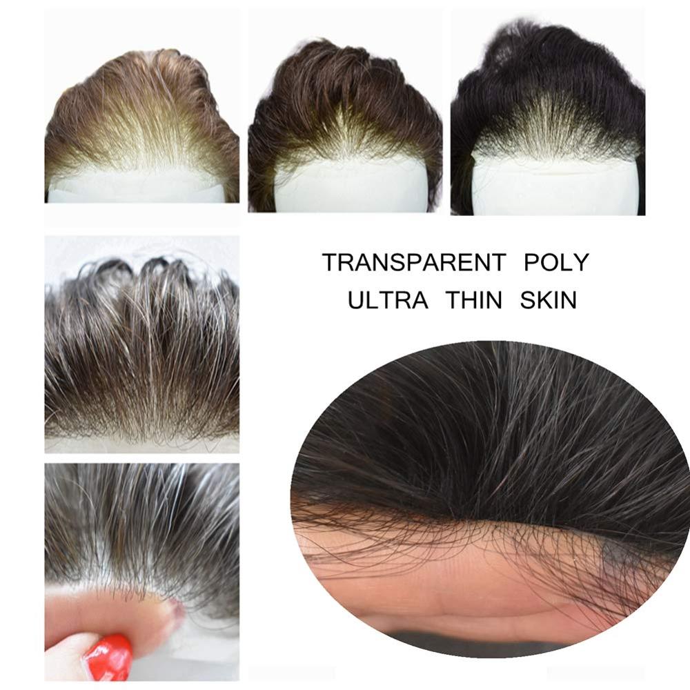 Remy Human Hair Invisible Hairline Ultra Thin Skin V-loop Toupee Poly Skin Wigs for Men PU Hair Systems