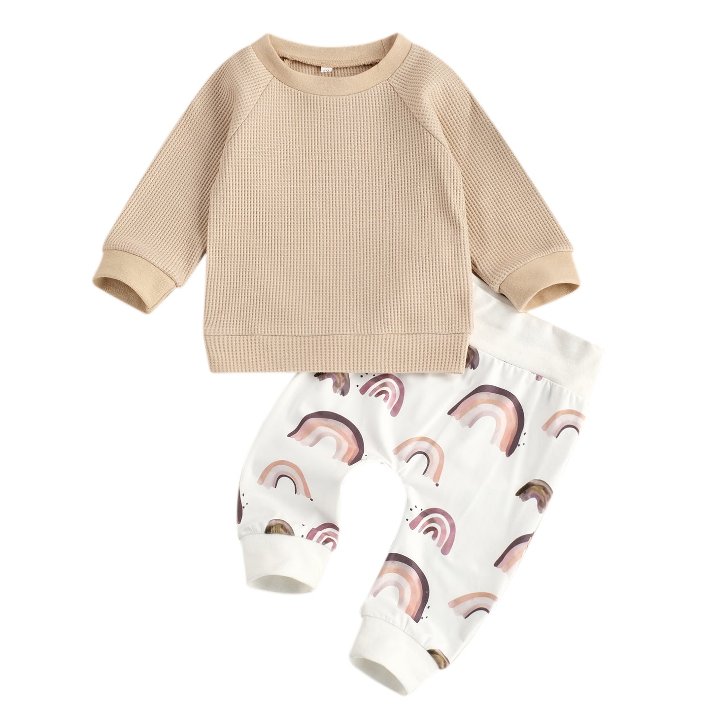 Newborn Baby Boy Girl 2-piece Outfit Set Long Sleeve Top Rainbow Print Pants Clothes Set