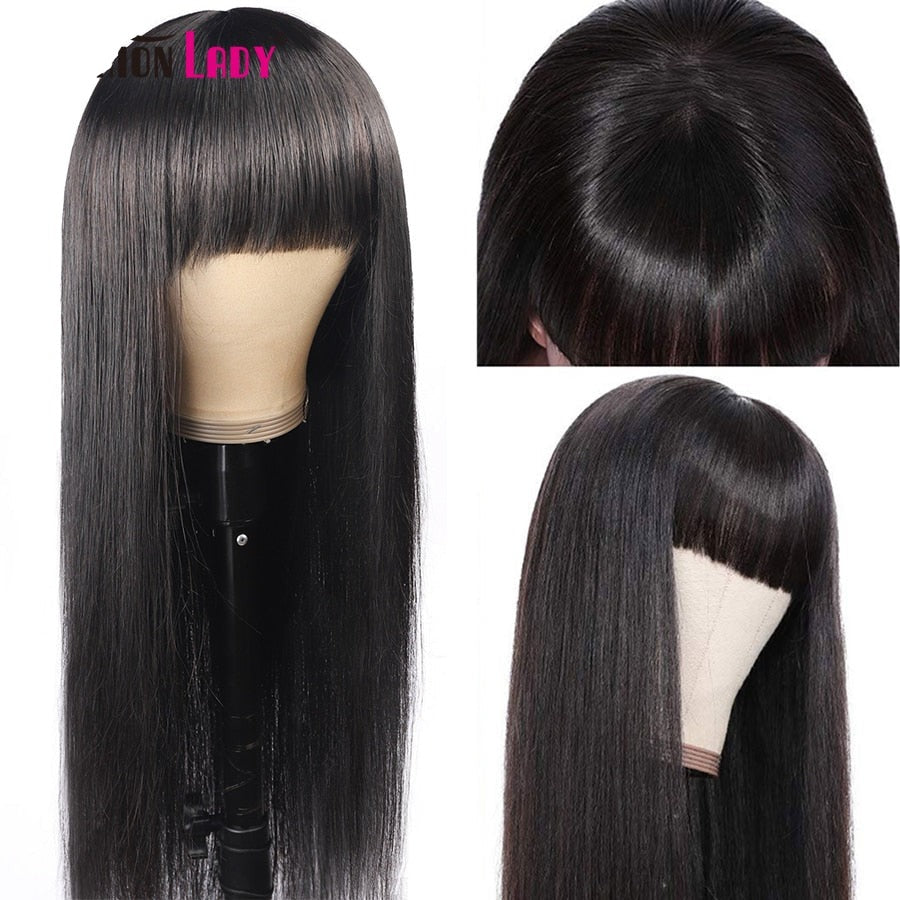 Brazilian Straight Human Hair With Bangs Fringe Remy Wig