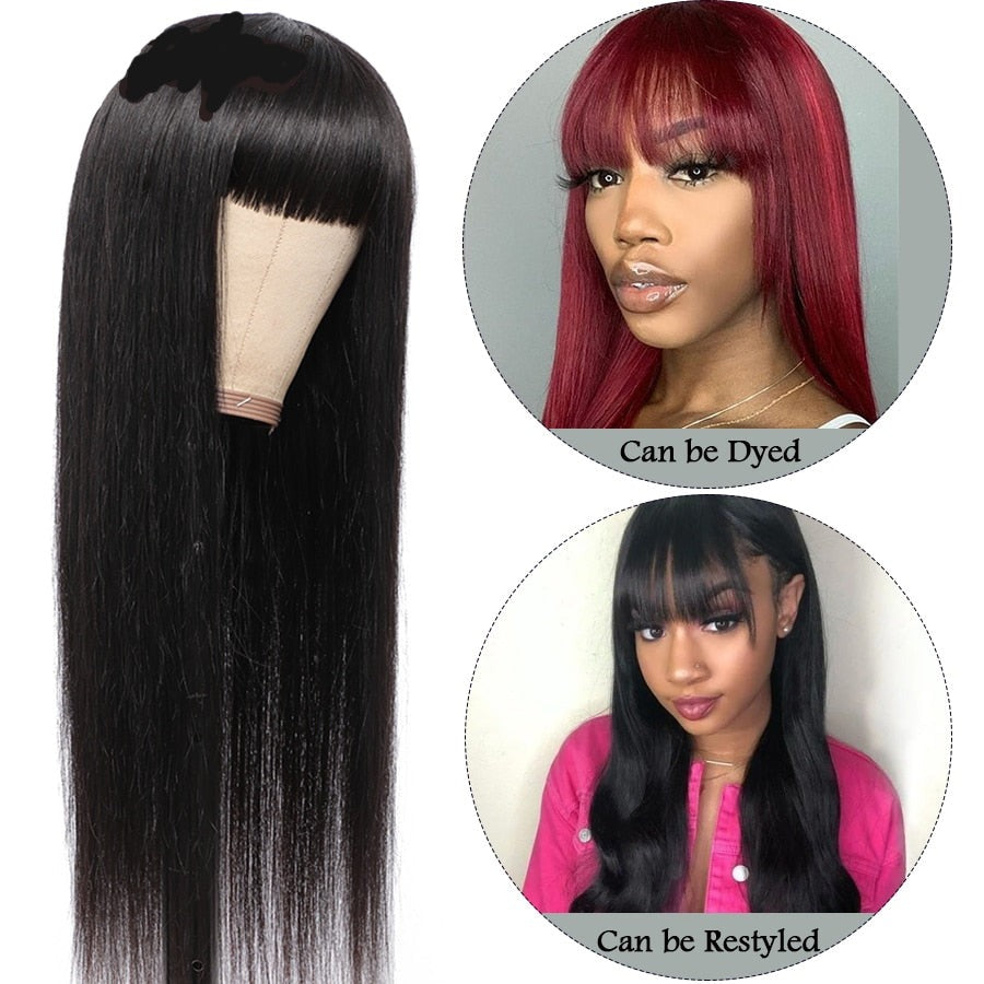 Brazilian Straight Human Hair With Bangs Fringe Remy Wig