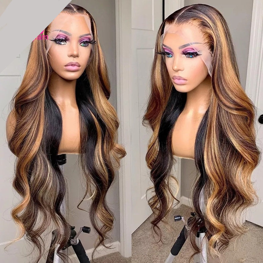 Human Brazilian Highlight Hair Body Wave Ombre 30 Inch Full T Part Honey Blonde Lace Front Wig