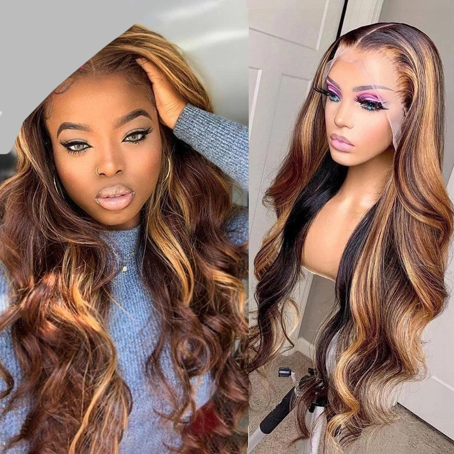 Human Brazilian Highlight Hair Body Wave Ombre 30 Inch Full T Part Honey Blonde Lace Front Wig