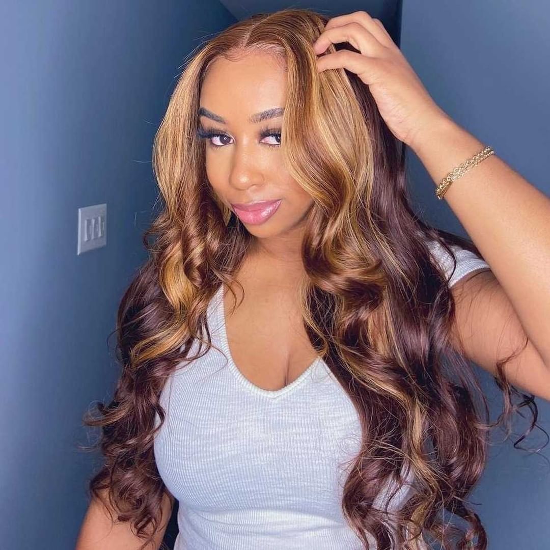 Human Brazilian Highlight Hair Body Wave Ombre 30 Inch Full T Part Honey Blonde Lace Front Wig