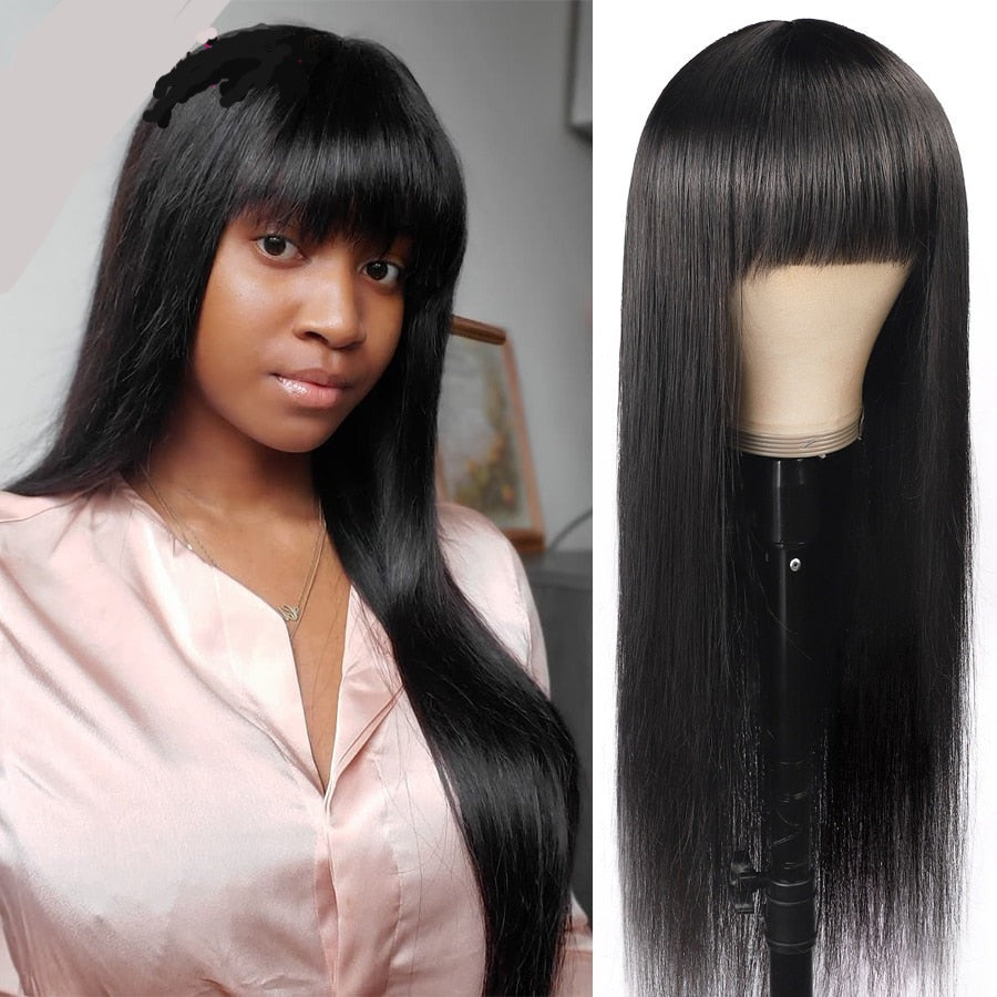 Brazilian Straight Human Hair With Bangs Fringe Remy Wig