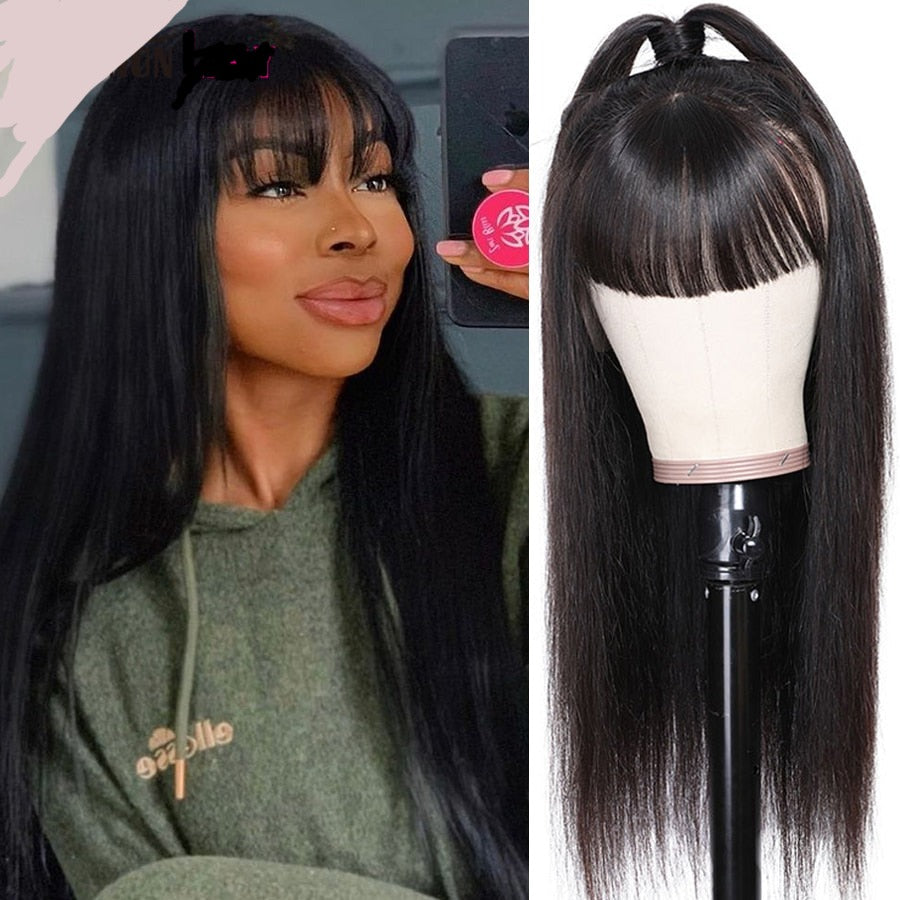 Brazilian Straight Human Hair With Bangs Fringe Remy Wig